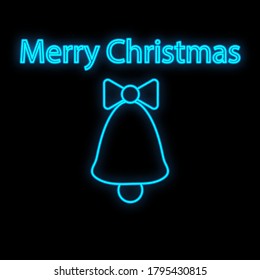 Glowing neon christmas sign with christmas bell, bow-knot and holly in circle frame. Christmas bell symbol in neon style.