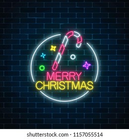 Glowing neon christmas sign with christmas candy cane in circle frame. Christmas symbol web banner in neon style. Vector illustration. Bright signboard christmas label, logo.