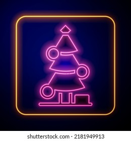 Glowing neon Christmas tree with decorations icon isolated on black background. Merry Christmas and Happy New Year.  Vector