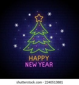 Glowing neon Christmas tree sign. New Year tree neon sign, bright signboard. New Year logo, emblem and label, postcard happy New Year. Vector image