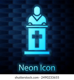 Glowing neon Church pastor preaching icon isolated on brick wall background.  Vector Illustration