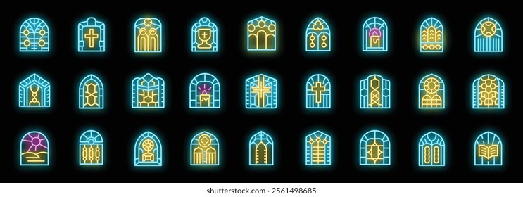 Glowing neon church stained glass windows icons set, showing various christian religious symbols