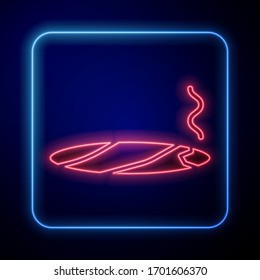 Glowing neon Cigar with smoke icon isolated on blue background.  Vector Illustration