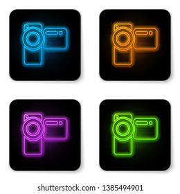 Glowing neon Cinema camera icon isolated on white background. Video camera. Movie sign. Film projector. Black square button. Vector Illustration