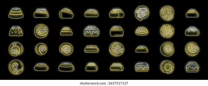Glowing neon cinnamon roll icons set, baking pastry with icing and raisins, bakery products in neon style