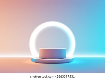 glowing neon circle behind a sleek cylindrical podium set on a vibrant orange and blue gradient backdrop creating a futuristic product display for technology showcases and digital showrooms