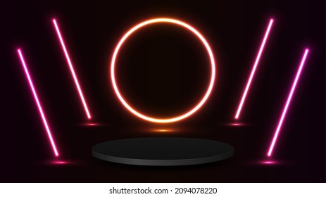 Glowing neon circle with black podium, focus lines on black background. Abstract round frame of electric light. Geometric design vector illustration.