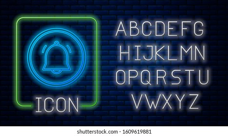 Glowing neon Circle button and chat notification icon isolated on brick wall background. New message, dialog, chat, social network notification. Neon light alphabet. Vector Illustration