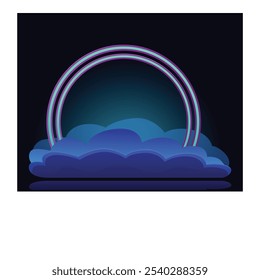 Glowing neon circle floating on clouds creates a stage with copy space