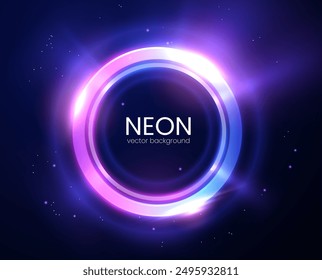 Glowing neon circle frame with vibrant colors on a dark background. Vector illustration of bright pink, purple, and blue light effects create a futuristic, dynamic design.
