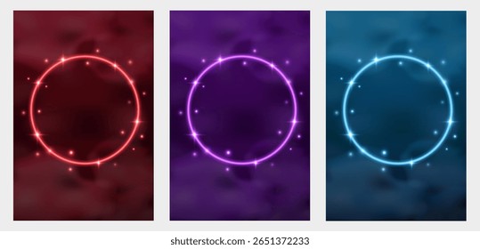 Glowing neon circle frames set on gradient cloudy background. Poster and social media template