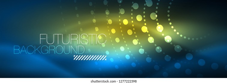 Puntos de línea de círculo de neón brillante, diseño de línea redonda, estilo abstracto sobre fondo negro. Neon círculos redondos abstractos. Luces de neón mágico y puntos brillantes. Ilustración del vector
