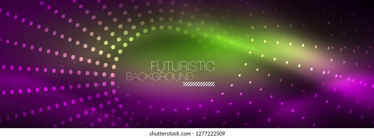 Puntos de línea de círculo de neón brillante, diseño de línea redonda, estilo abstracto sobre fondo negro. Neon círculos redondos abstractos. Luces de neón mágico y puntos brillantes. Ilustración del vector