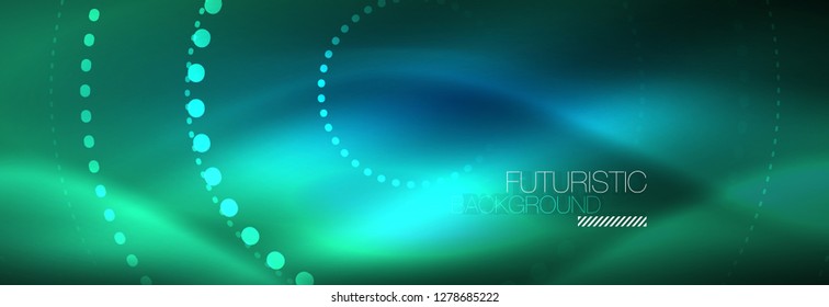 Puntos de línea de círculo de neón brillante, diseño de línea redonda, estilo abstracto sobre fondo negro. Neon círculos redondos abstractos. Luces de neón mágico y puntos brillantes. Ilustración del vector