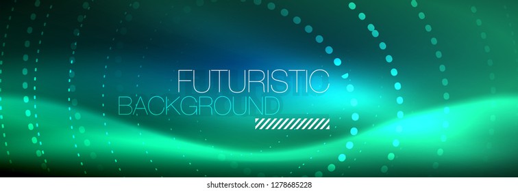 Glühende Neonenkreis-Zeilenpunkte, Rundliniendesign, abstrakter Stil auf schwarzem Hintergrund. Neon abstrakte runde Kreise Magische Neonleuchten und leuchtende Punkte. Vektorgrafik