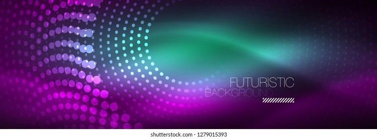 Glowing neon circle line dots, round line design, abstract style on black background. Neon abstract round circles Magic neon lights and glowing dots. Vector illustration