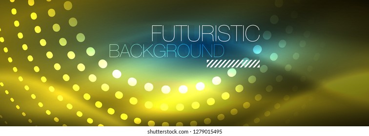 Puntos de línea de círculo de neón brillante, diseño de línea redonda, estilo abstracto sobre fondo negro. Neon círculos redondos abstractos. Luces de neón mágico y puntos brillantes. Ilustración del vector