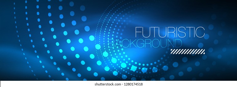 Puntos de línea de círculo de neón brillante, diseño de línea redonda, estilo abstracto sobre fondo negro. Neon círculos redondos abstractos. Luces de neón mágico y puntos brillantes. Ilustración del vector