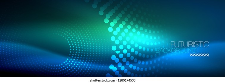 Puntos de línea de círculo de neón brillante, diseño de línea redonda, estilo abstracto sobre fondo negro. Neon círculos redondos abstractos. Luces de neón mágico y puntos brillantes. Ilustración del vector