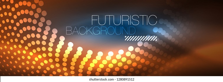 Puntos de línea de círculo de neón brillante, diseño de línea redonda, estilo abstracto sobre fondo negro. Neon círculos redondos abstractos. Luces de neón mágico y puntos brillantes. Ilustración del vector