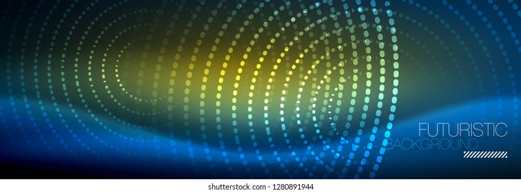 Glowing neon circle line dots, round line design, abstract style on black background. Neon abstract round circles Magic neon lights and glowing dots. Vector illustration