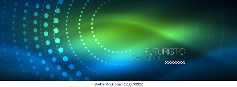 Glowing neon circle line dots, round line design, abstract style on black background. Neon abstract round circles Magic neon lights and glowing dots. Vector illustration