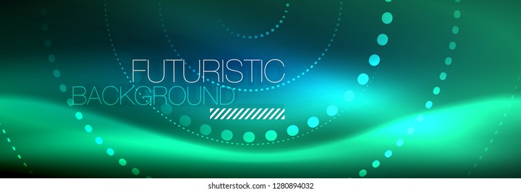 Puntos de línea de círculo de neón brillante, diseño de línea redonda, estilo abstracto sobre fondo negro. Neon círculos redondos abstractos. Luces de neón mágico y puntos brillantes. Ilustración del vector