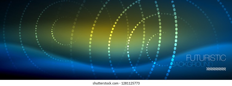 Glowing neon circle line dots, round line design, abstract style on black background. Neon abstract round circles Magic neon lights and glowing dots. Vector illustration