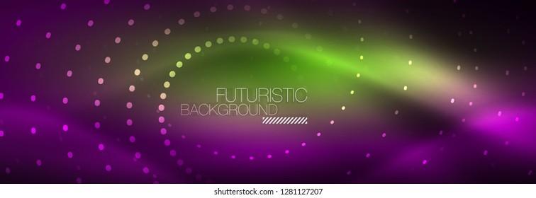 Glühende Neonenkreis-Zeilenpunkte, Rundliniendesign, abstrakter Stil auf schwarzem Hintergrund. Neon abstrakte runde Kreise Magische Neonleuchten und leuchtende Punkte. Vektorgrafik