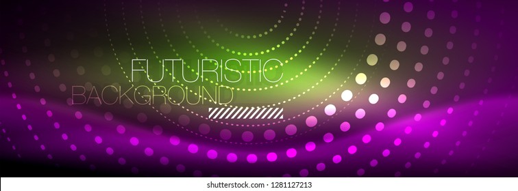 Pontos de linha de círculo de néon brilhante, design de linha redonda, estilo abstrato em fundo preto. Néon abstrato círculos redondos Luzes de néon mágico e pontos brilhantes. Ilustração vetorial