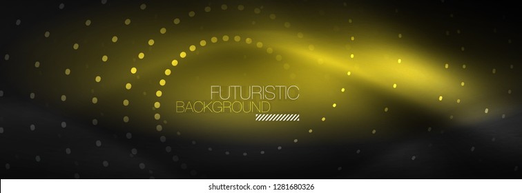 Glühende Neonenkreis-Zeilenpunkte, Rundliniendesign, abstrakter Stil auf schwarzem Hintergrund. Neon abstrakte runde Kreise Magische Neonleuchten und leuchtende Punkte. Vektorgrafik