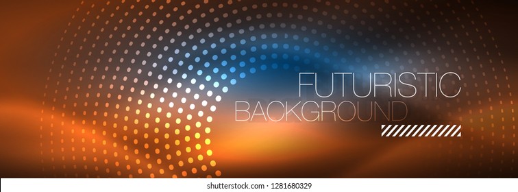 Puntos de línea de círculo de neón brillante, diseño de línea redonda, estilo abstracto sobre fondo negro. Neon círculos redondos abstractos. Luces de neón mágico y puntos brillantes. Ilustración del vector
