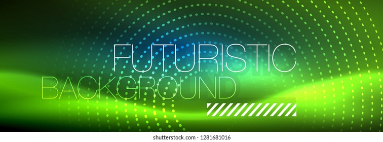 Puntos de línea de círculo de neón brillante, diseño de línea redonda, estilo abstracto sobre fondo negro. Neon círculos redondos abstractos. Luces de neón mágico y puntos brillantes. Ilustración del vector