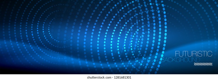 Puntos de línea circular de neón brillante, diseño de línea redonda, estilo abstracto sobre fondo negro. Círculos redondos abstractos Neon luces de neón mágico y puntos brillantes. Ilustración del vector