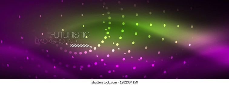 Puntos de línea de círculo de neón brillante, diseño de línea redonda, estilo abstracto sobre fondo negro. Neon círculos redondos abstractos. Luces de neón mágico y puntos brillantes. Ilustración del vector