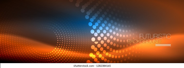 Glühende Neonenkreis-Zeilenpunkte, Rundliniendesign, abstrakter Stil auf schwarzem Hintergrund. Neon abstrakte runde Kreise Magische Neonleuchten und leuchtende Punkte. Vektorgrafik