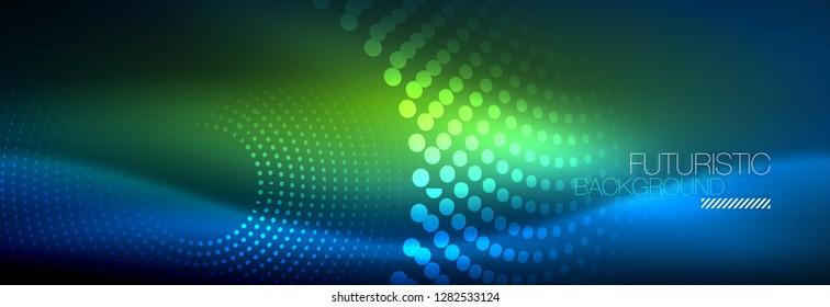 Puntos de línea de círculo de neón brillante, diseño de línea redonda, estilo abstracto sobre fondo negro. Neon círculos redondos abstractos. Luces de neón mágico y puntos brillantes. Ilustración del vector