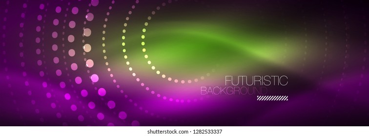 Puntos de línea de círculo de neón brillante, diseño de línea redonda, estilo abstracto sobre fondo negro. Neon círculos redondos abstractos. Luces de neón mágico y puntos brillantes. Ilustración del vector