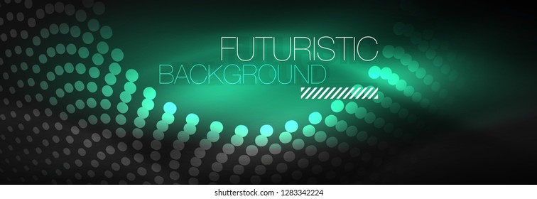 Puntos de línea de círculo de neón brillante, diseño de línea redonda, estilo abstracto sobre fondo negro. Neon círculos redondos abstractos. Luces de neón mágico y puntos brillantes. Ilustración del vector