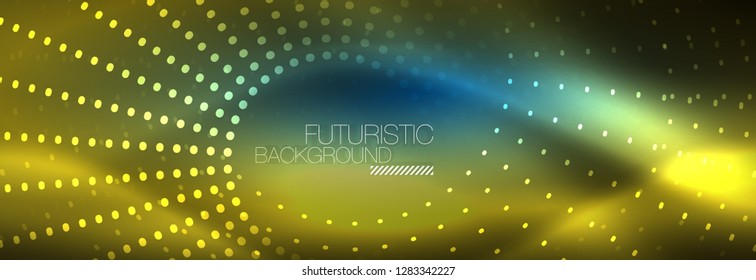 Puntos de línea de círculo de neón brillante, diseño de línea redonda, estilo abstracto sobre fondo negro. Neon círculos redondos abstractos. Luces de neón mágico y puntos brillantes. Ilustración del vector