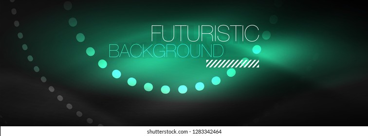 Puntos de línea de círculo de neón brillante, diseño de línea redonda, estilo abstracto sobre fondo negro. Neon círculos redondos abstractos. Luces de neón mágico y puntos brillantes. Ilustración del vector