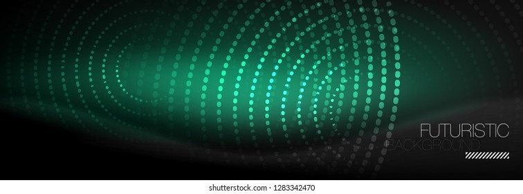Puntos de línea de círculo de neón brillante, diseño de línea redonda, estilo abstracto sobre fondo negro. Neon círculos redondos abstractos. Luces de neón mágico y puntos brillantes. Ilustración del vector