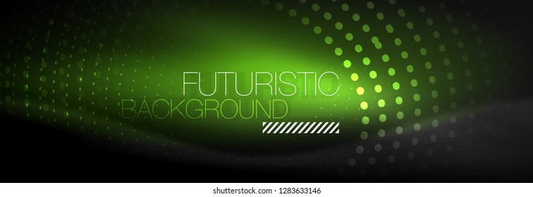 Puntos de línea de círculo de neón brillante, diseño de línea redonda, estilo abstracto sobre fondo negro. Neon círculos redondos abstractos. Luces de neón mágico y puntos brillantes. Ilustración del vector