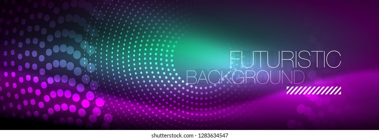 Puntos de línea de círculo de neón brillante, diseño de línea redonda, estilo abstracto sobre fondo negro. Neon círculos redondos abstractos. Luces de neón mágico y puntos brillantes. Ilustración del vector