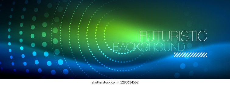 Puntos de línea de círculo de neón brillante, diseño de línea redonda, estilo abstracto sobre fondo negro. Neon círculos redondos abstractos. Luces de neón mágico y puntos brillantes. Ilustración del vector