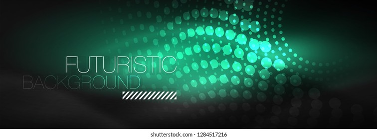 Pontos de linha de círculo de néon brilhante, design de linha redonda, estilo abstrato em fundo preto. Néon abstrato círculos redondos Luzes de néon mágico e pontos brilhantes. Ilustração vetorial