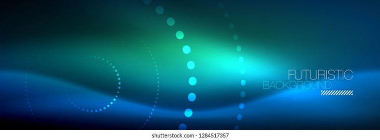 Puntos de línea de círculo de neón brillante, diseño de línea redonda, estilo abstracto sobre fondo negro. Neon círculos redondos abstractos. Luces de neón mágico y puntos brillantes. Ilustración del vector