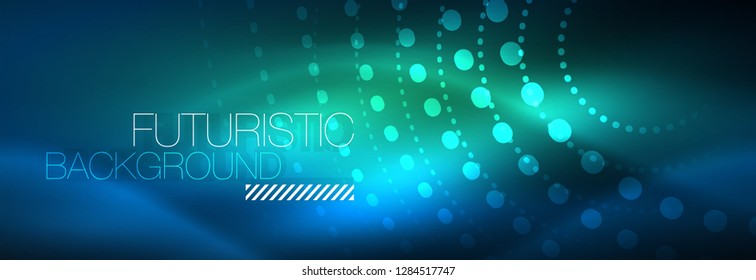 Puntos de línea de círculo de neón brillante, diseño de línea redonda, estilo abstracto sobre fondo negro. Neon círculos redondos abstractos. Luces de neón mágico y puntos brillantes. Ilustración del vector