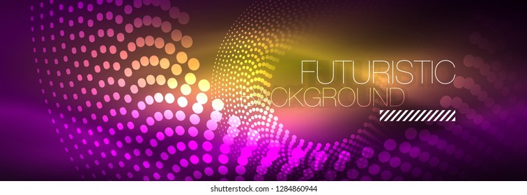 Glowing neon circle line dots, round line design, abstract style on black background. Neon abstract round circles Magic neon lights and glowing dots. Vector illustration