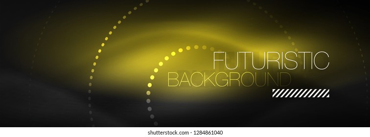Puntos de línea de círculo de neón brillante, diseño de línea redonda, estilo abstracto sobre fondo negro. Neon círculos redondos abstractos. Luces de neón mágico y puntos brillantes. Ilustración del vector